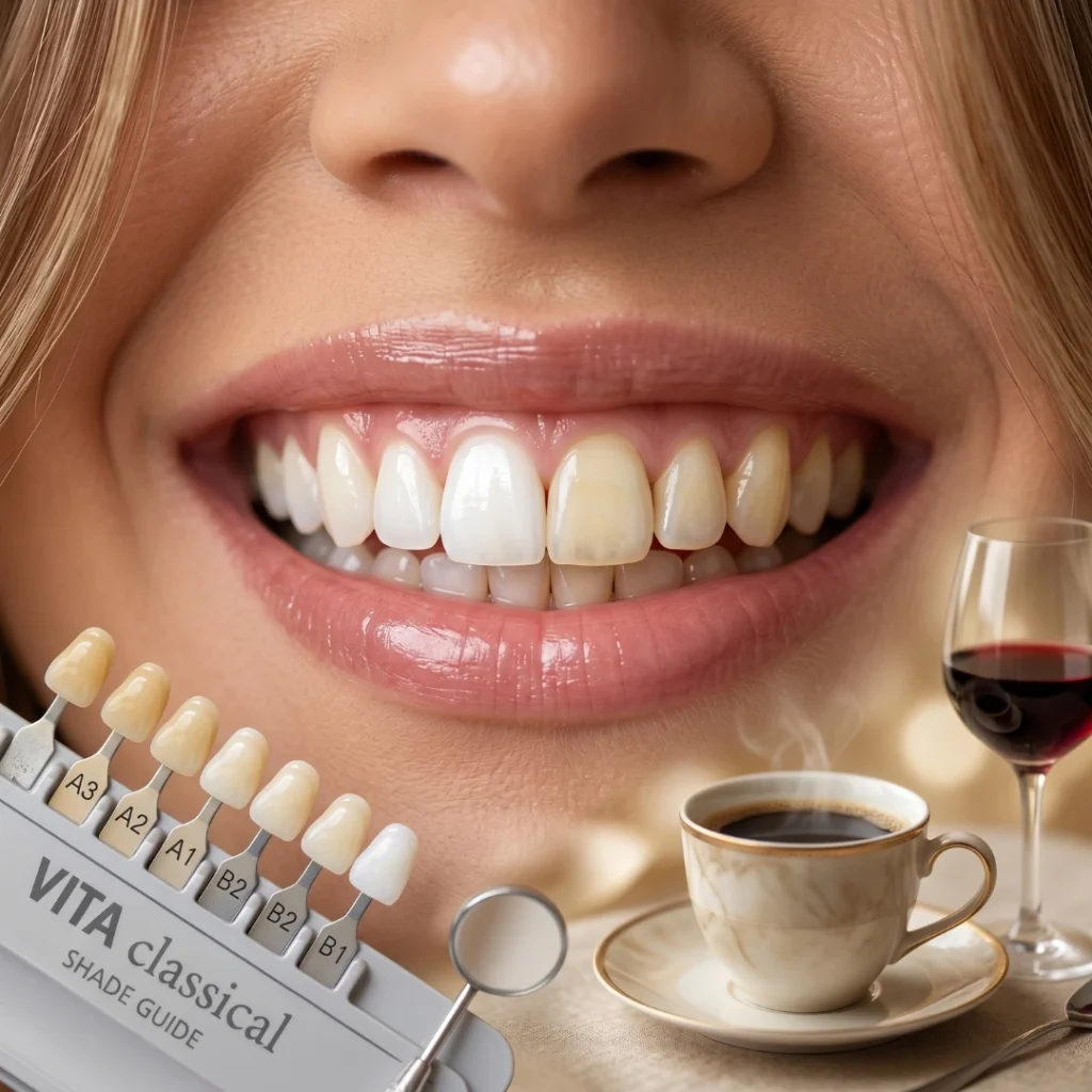 Imagem ilustrativa sobre clareamento dental e escolha da tonalidade dos dentes.