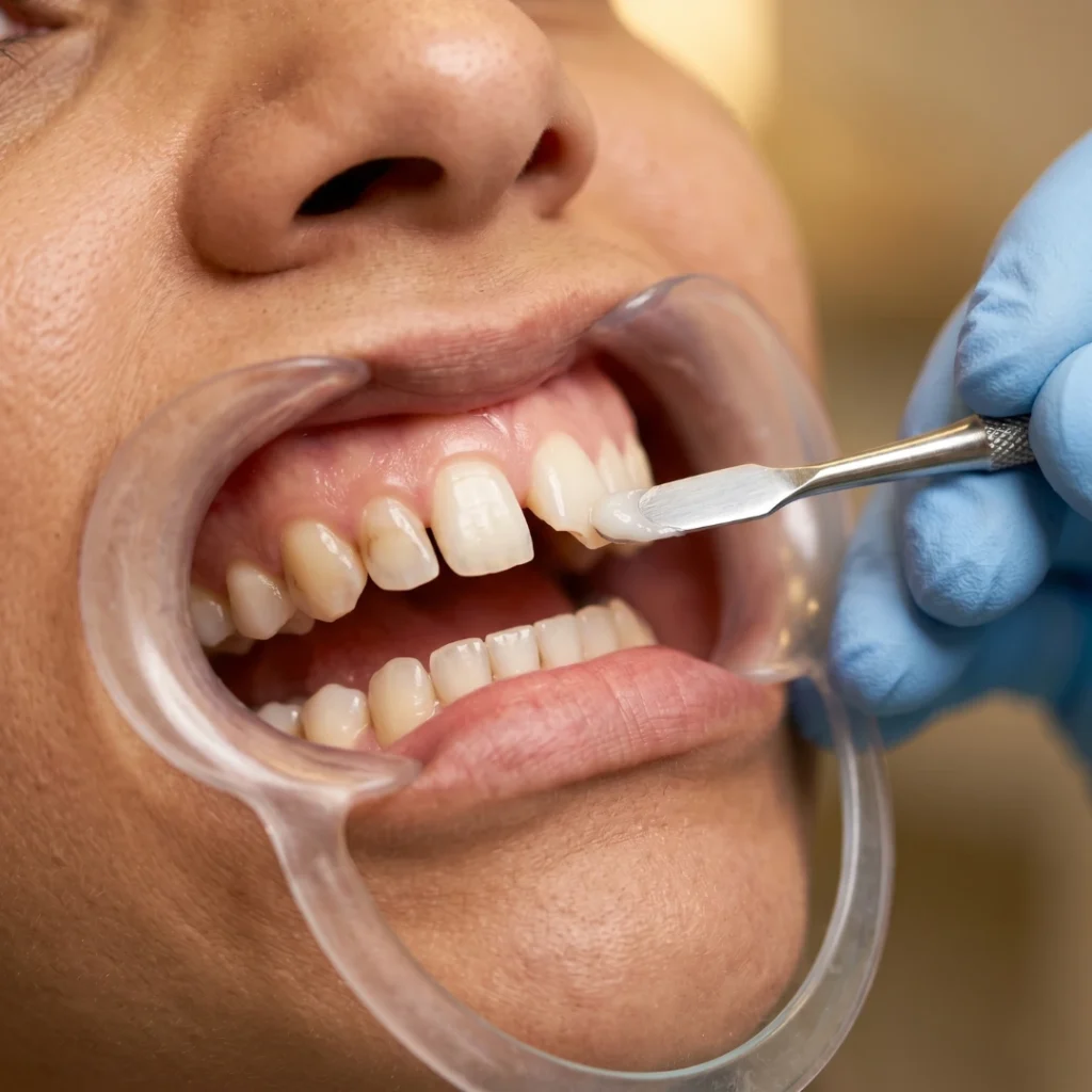 Aplicação de faceta de resina em dente anterior durante procedimento odontológico estético.