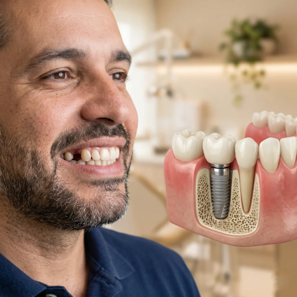 Paciente sorrindo ao lado de modelo ilustrativo de implante dentário.