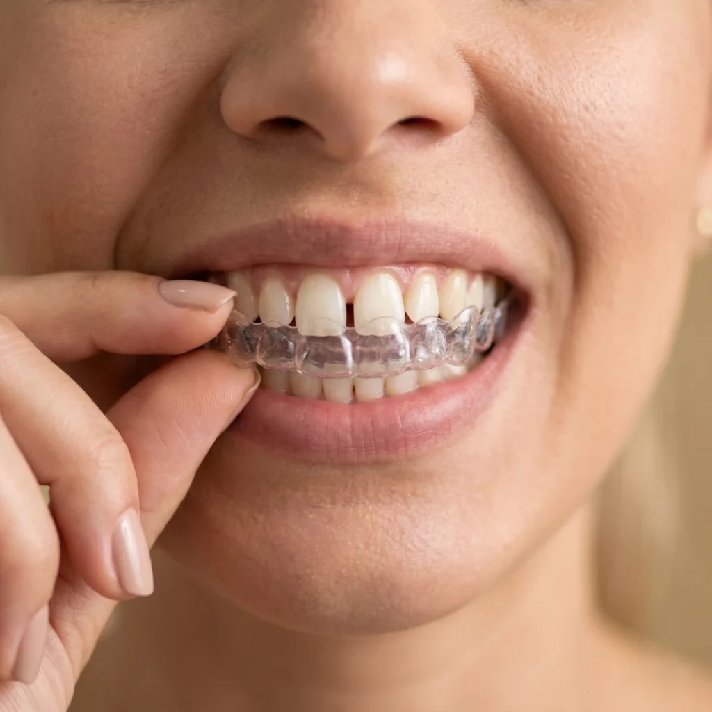 Paciente colocando alinhador transparente nos dentes.