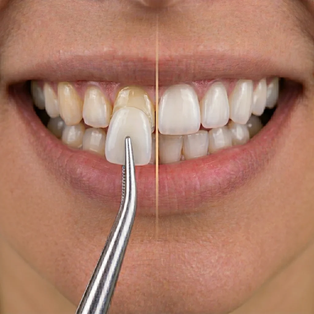 Comparativo visual de sorriso antes e depois com lente dental em dente anterior.